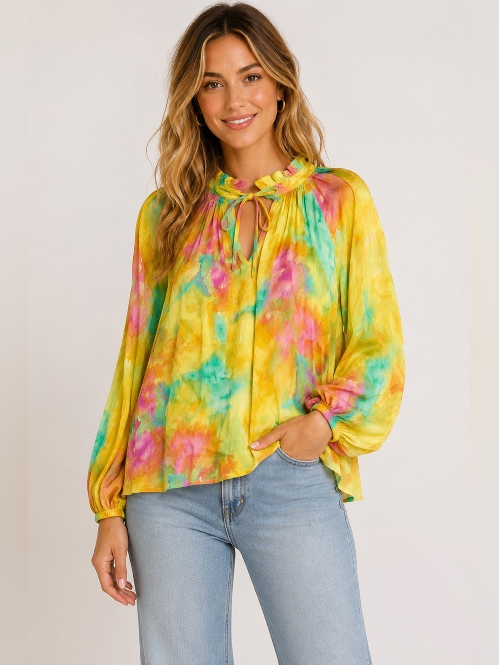Karlie Multicolor Tie Dye Ruffle Keyhole Peasant Blouse